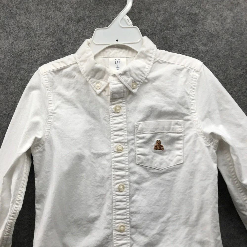 Gap Boys 5T White Oxford Shirt Long Sleeve‎ Organic Bear Embroidered Button